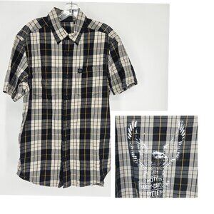 Harley-Davidson Shirt Mens Medium Black Gray Plaid Short Sleeve Eagle Button Up